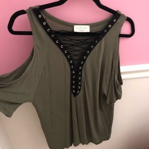 Green Shoulder Cutout Top